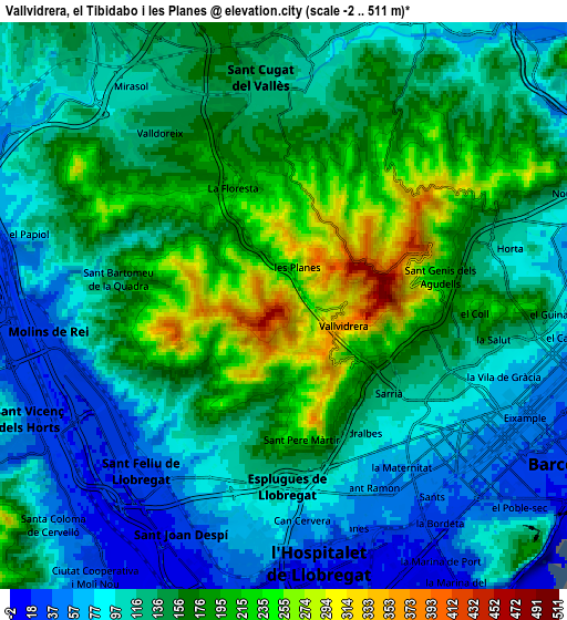 Zoom OUT 2x Vallvidrera, el Tibidabo i les Planes, Spain elevation map