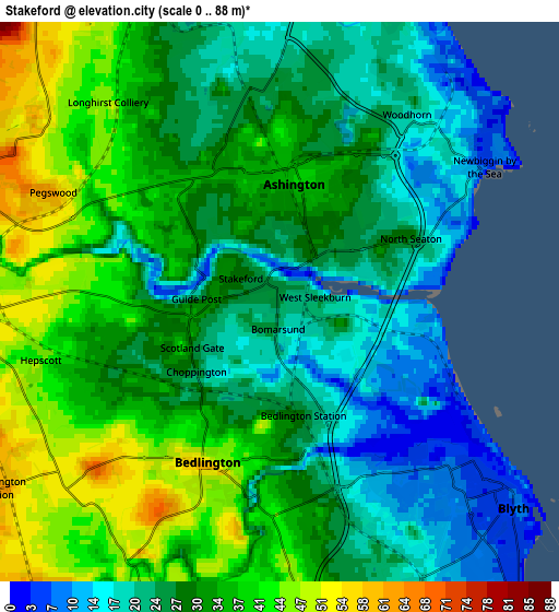 Zoom OUT 2x Stakeford, United Kingdom elevation map