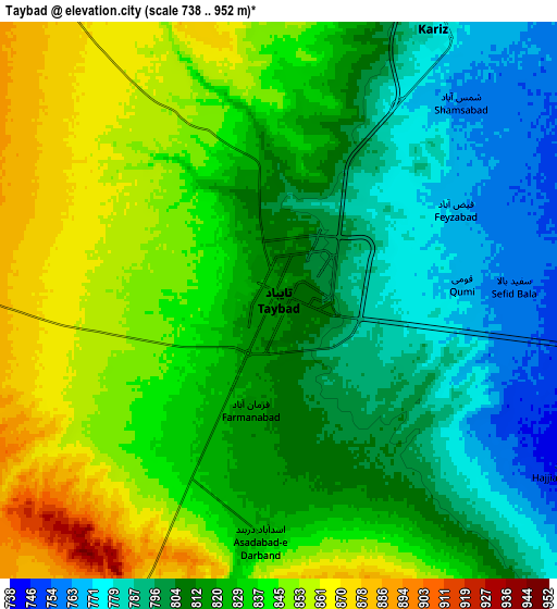 Zoom OUT 2x Tāybād, Iran elevation map