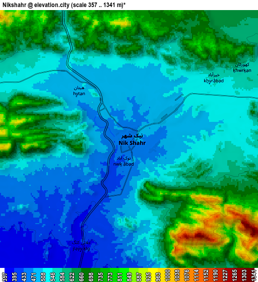 Zoom OUT 2x Nīkshahr, Iran elevation map