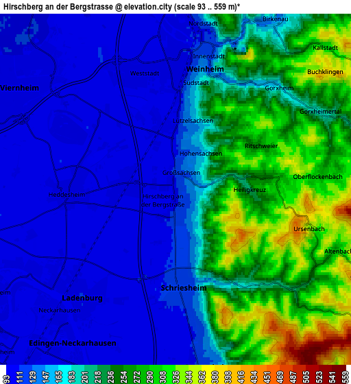 Zoom OUT 2x Hirschberg an der Bergstraße, Germany elevation map