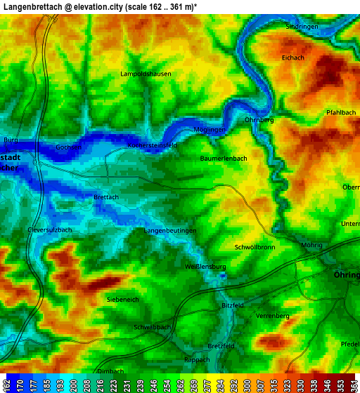 Zoom OUT 2x Langenbrettach, Germany elevation map