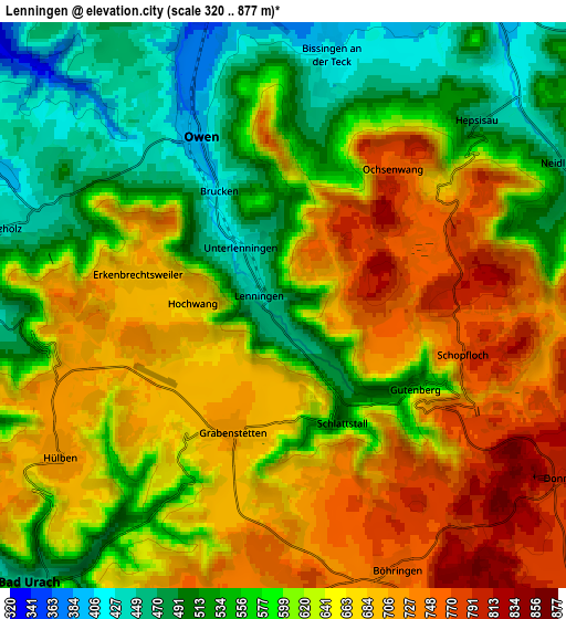 Zoom OUT 2x Lenningen, Germany elevation map