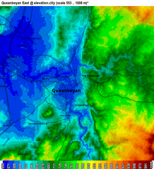 Zoom OUT 2x Queanbeyan East, Australia elevation map