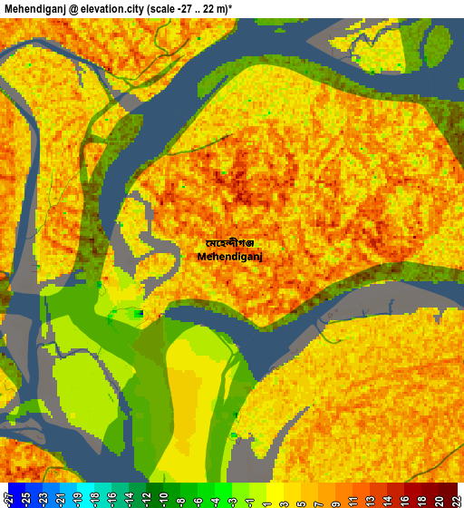 Zoom OUT 2x Mehendiganj, Bangladesh elevation map