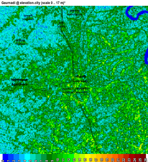 Zoom OUT 2x Gaurnadi, Bangladesh elevation map