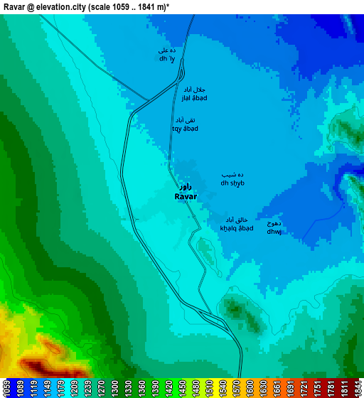 Zoom OUT 2x Rāvar, Iran elevation map