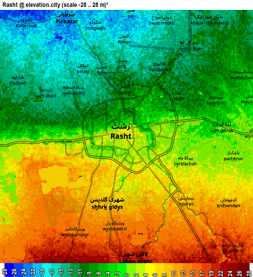 Zoom OUT 2x Rasht, Iran elevation map