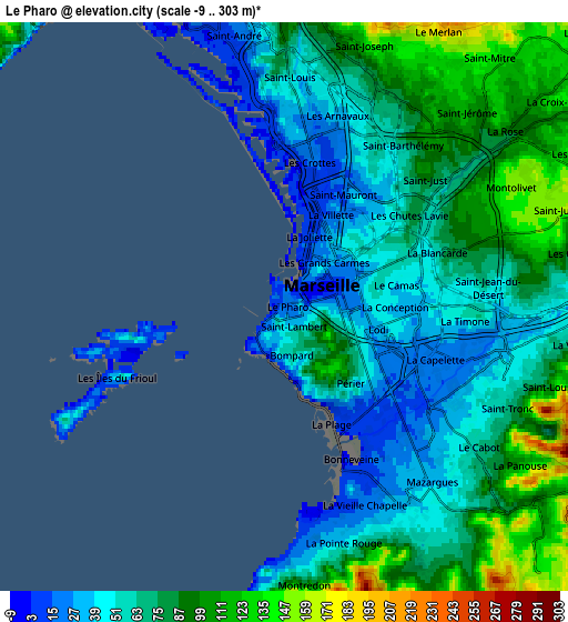 Zoom OUT 2x Le Pharo, France elevation map