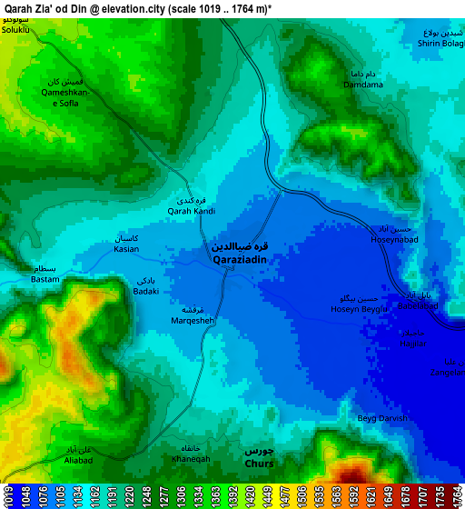 Zoom OUT 2x Qarah Ẕīā’ od Dīn, Iran elevation map