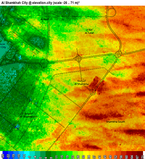 Zoom OUT 2x Al Shamkhah City, United Arab Emirates elevation map
