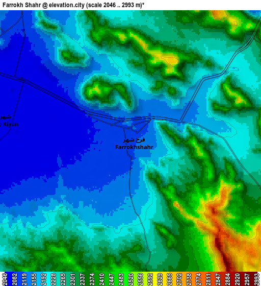 Zoom OUT 2x Farrokh Shahr, Iran elevation map