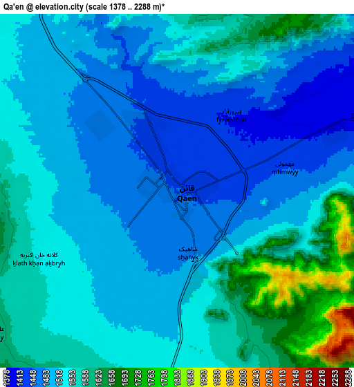 Zoom OUT 2x Qā’en, Iran elevation map