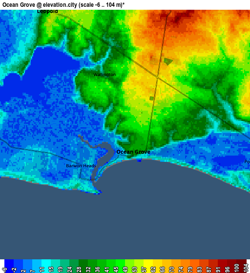 Zoom OUT 2x Ocean Grove, Australia elevation map