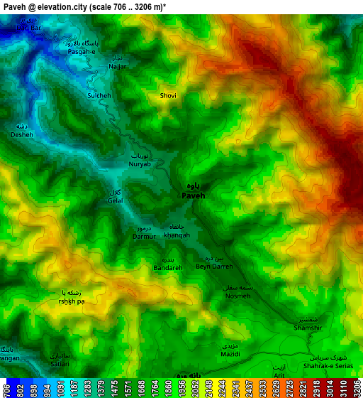 Zoom OUT 2x Pāveh, Iran elevation map