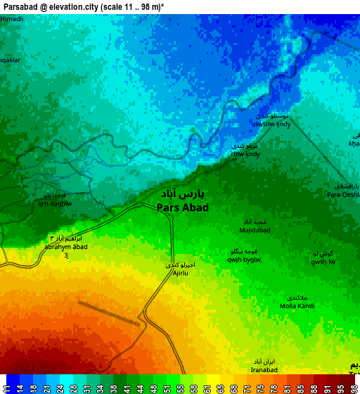 Zoom OUT 2x Pārsābād, Iran elevation map