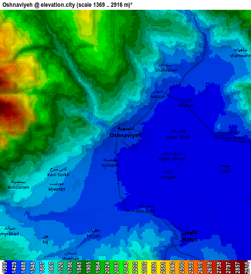 Zoom OUT 2x Oshnavīyeh, Iran elevation map