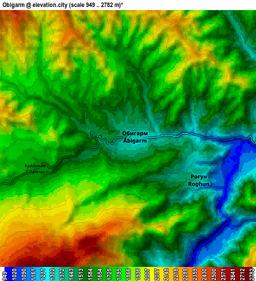 Zoom OUT 2x Obigarm, Tajikistan elevation map