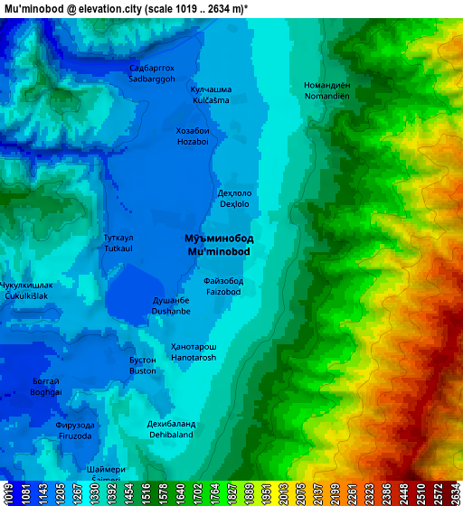 Zoom OUT 2x Mŭ’minobod, Tajikistan elevation map