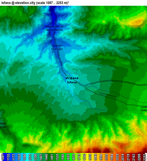Zoom OUT 2x Isfana, Kyrgyzstan elevation map