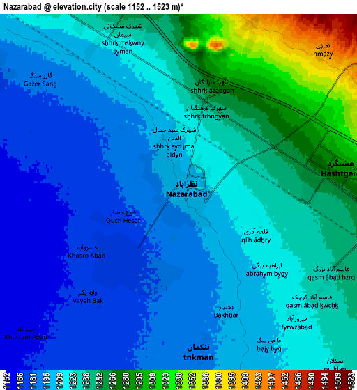 Zoom OUT 2x Naz̧arābād, Iran elevation map
