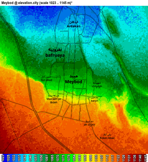 Zoom OUT 2x Meybod, Iran elevation map