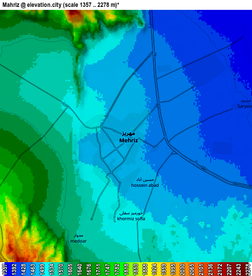 Zoom OUT 2x Mahrīz, Iran elevation map
