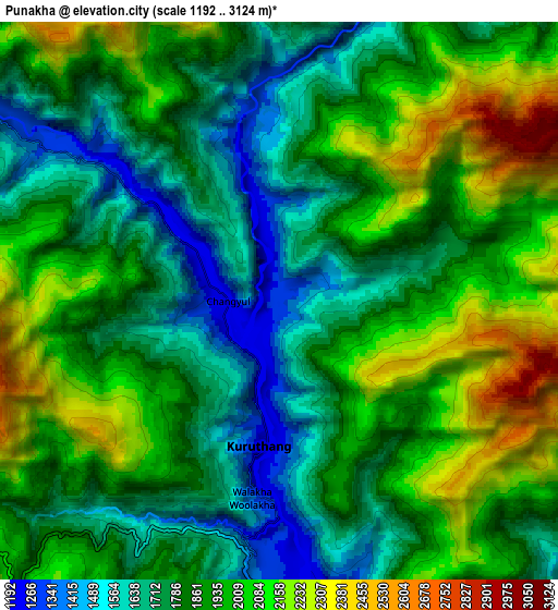 Zoom OUT 2x Punākha, Bhutan elevation map