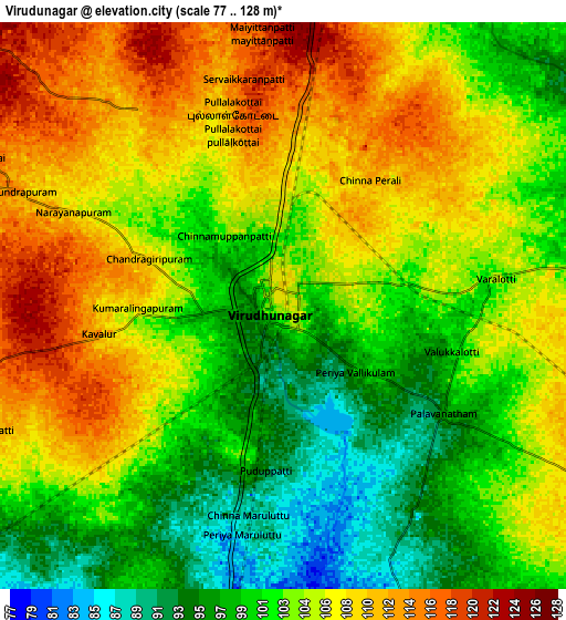 Zoom OUT 2x Virudunagar, India elevation map