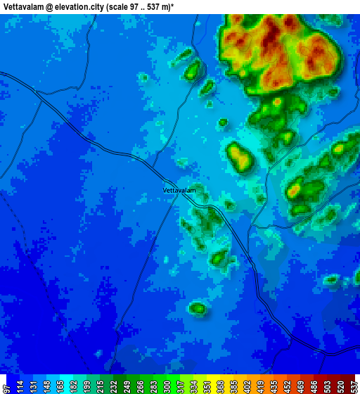 Zoom OUT 2x Vettavalam, India elevation map