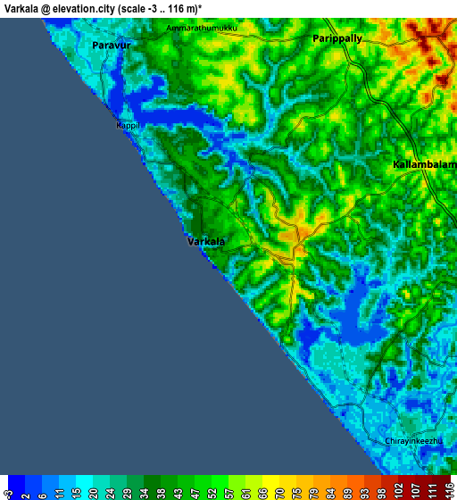 Zoom OUT 2x Varkala, India elevation map