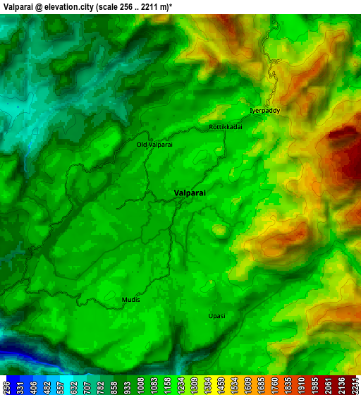 Zoom OUT 2x Valparai, India elevation map