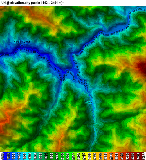 Zoom OUT 2x Uri, India elevation map