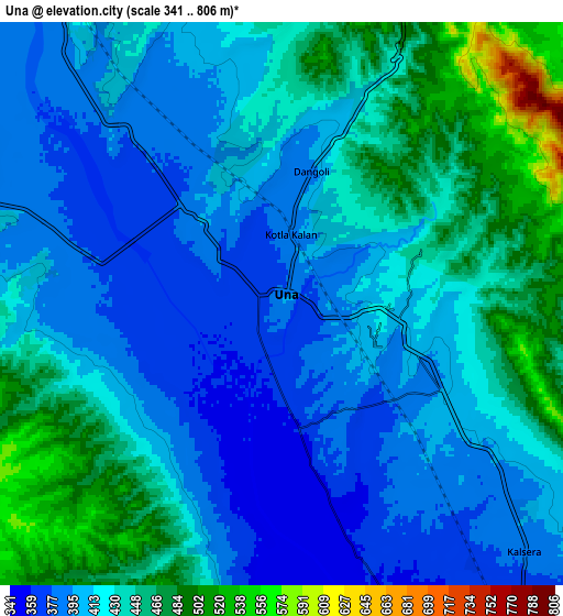 Zoom OUT 2x Una, India elevation map