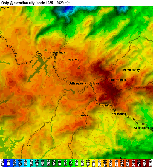 Zoom OUT 2x Ooty, India elevation map