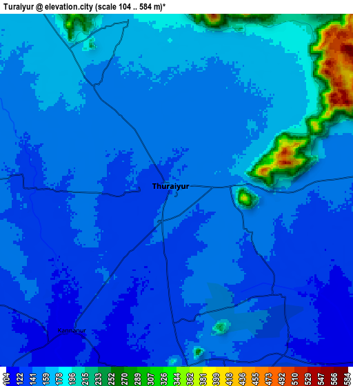 Zoom OUT 2x Turaiyūr, India elevation map