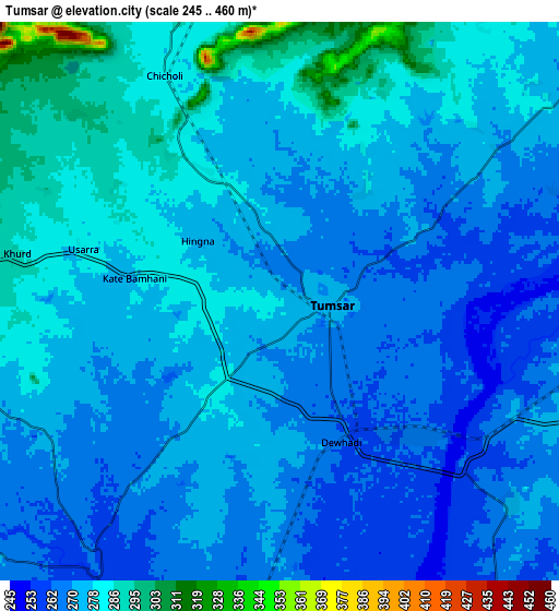 Zoom OUT 2x Tumsar, India elevation map