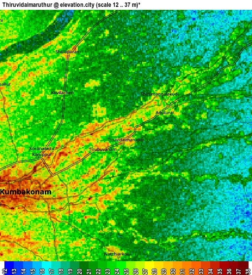 Zoom OUT 2x Thiruvidaimaruthur, India elevation map