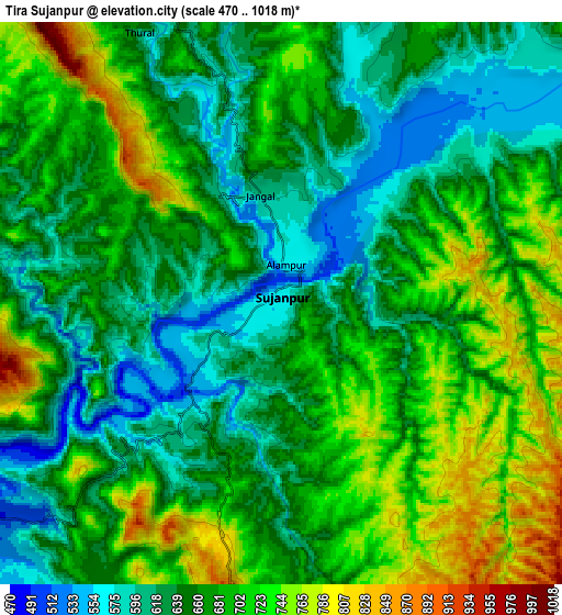 Zoom OUT 2x Tīra Sujānpur, India elevation map