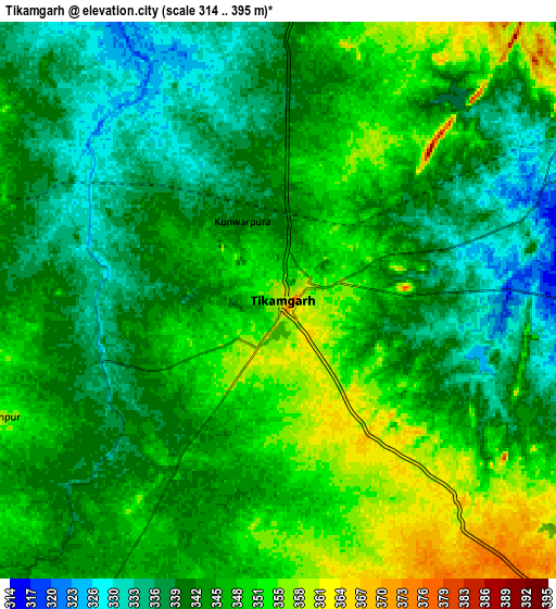 Zoom OUT 2x Tīkamgarh, India elevation map