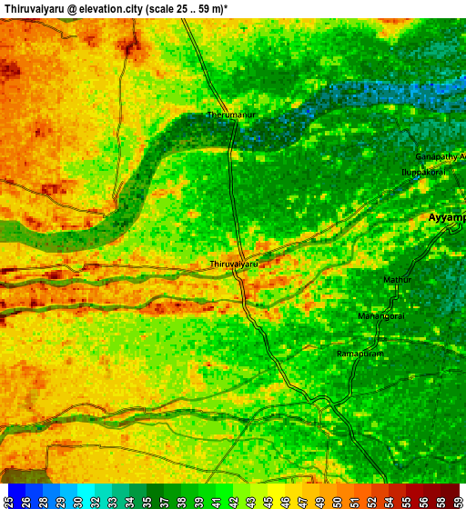 Zoom OUT 2x Thiruvaiyaru, India elevation map