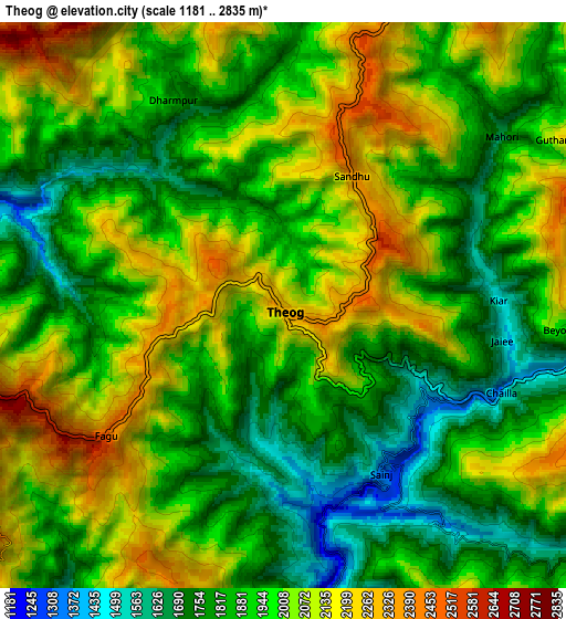 Zoom OUT 2x Theog, India elevation map