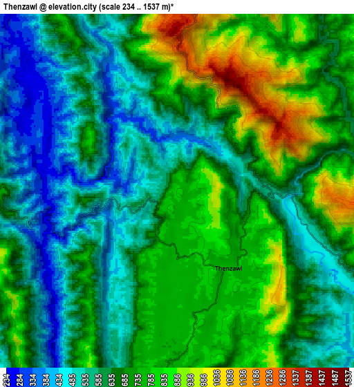 Zoom OUT 2x Thenzawl, India elevation map