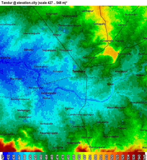 Zoom OUT 2x Tāndūr, India elevation map