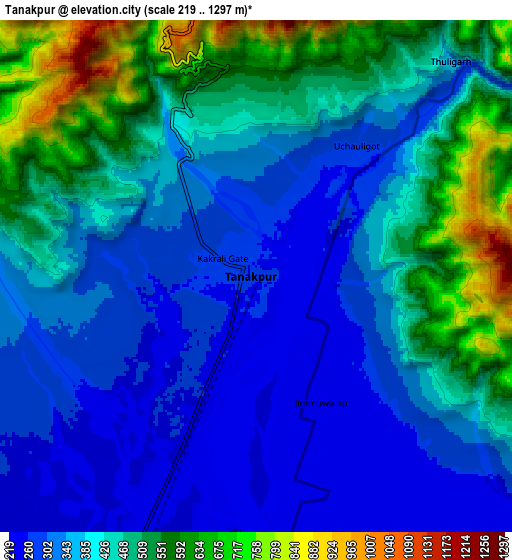 Zoom OUT 2x Tanakpur, India elevation map