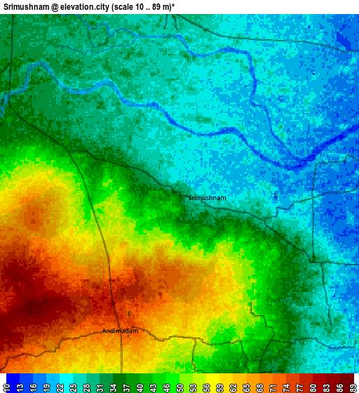 Zoom OUT 2x Srīmushnam, India elevation map