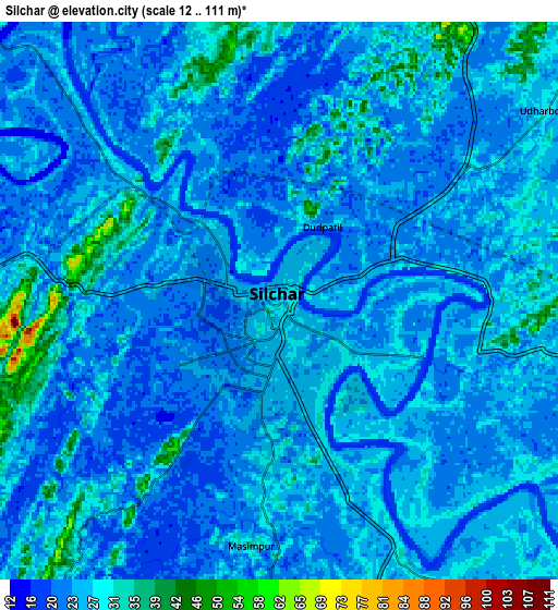 Zoom OUT 2x Silchar, India elevation map