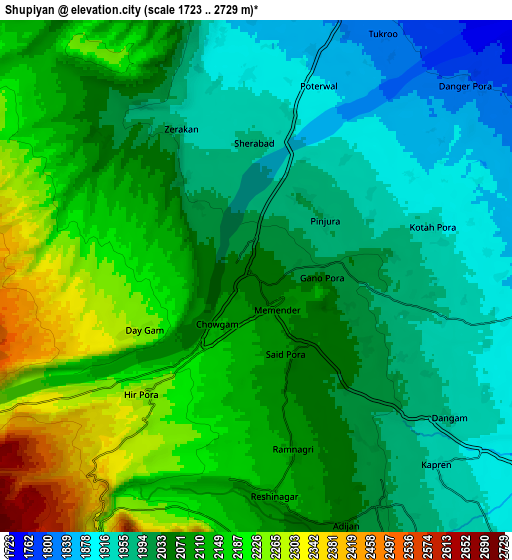 Zoom OUT 2x Shupīyan, India elevation map