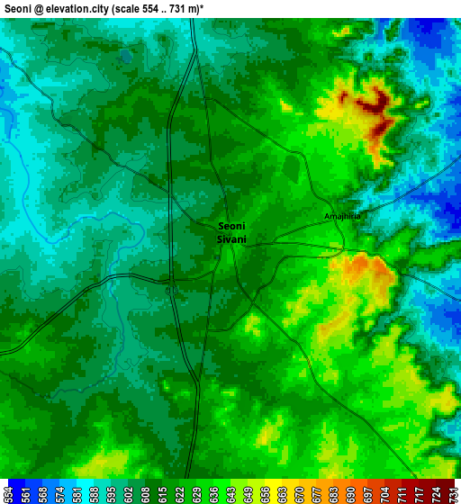 Zoom OUT 2x Seoni, India elevation map