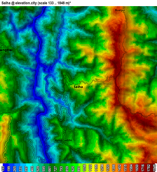 Zoom OUT 2x Saiha, India elevation map